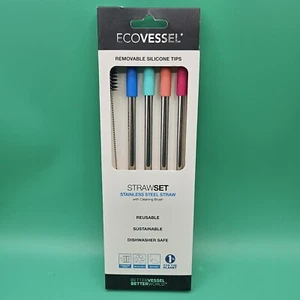 EcoVessel Pack of 4 Stainless Reusable Straws Silicone Tip W Cleaning Brush NEW - Picture 1 of 4