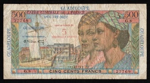 GUADELOUPE 500 CENTS FRANCS BANKNOTE 1947-49.ND CAISSE CENTRALE DE LA FRANCE - Picture 1 of 2