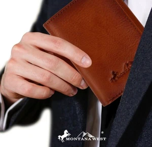 Montana West Men’s Genuine Leather Bi Fold Brown Wallet With RFID Blocking NEW - Picture 1 of 6