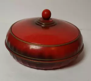 Red Round Vintage Sewing Metal Tin Knob Lidded Box Midcentury Notions Storage 7" - Picture 1 of 11