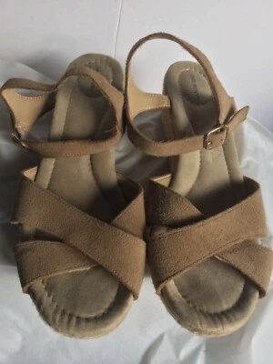 Land’s End Women’s Sandals Shoes Color Brown Size 9 B Leather Wedge Sling Back O - Image 1 of 4