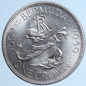 1959 BERMUDA British Colony Elizabeth II LARGE Boats Silver Crown Coin i113562 - Picture 1 of 3