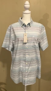 NWT Penguin Shirt Mens Gray Blue Striped Button Up Short Sleeve Medium M $85 - Picture 1 of 7