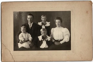 Named Cabinet Photo 1880-1890 era -Family of Five, Location in USA -Damaged Card - Picture 1 of 3