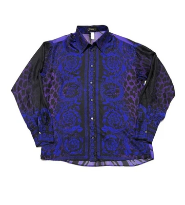 Vintage Versace Silk Shirt Men’s 58 Baroque Pattern Leopard Sleeves Zebra Back - Image 1 of 4