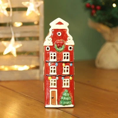 Ceramic Christmas Tealight Holder Cottage Village Scene Townhouse Xmas Ornament - Image 1 of 4