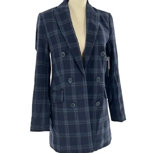 Vince Camuto Plaid Blazer 2 NWT Navy Blue Jacket Women Academia Double Breasted - Picture 1 of 6