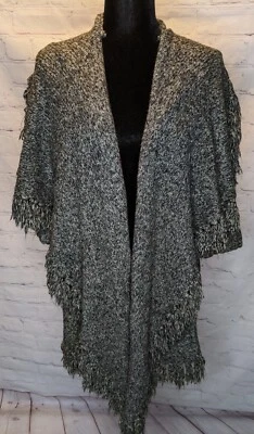 Kensie Women's Black White Fringe Edge Knit Stretch Cardigan Poncho Size XL - Image 1 of 4