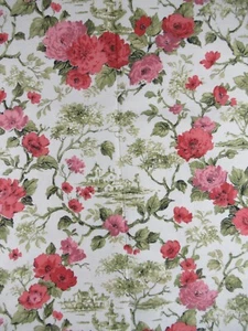 Vintage Toile Raw Silk Drapery Fabric Pink Flowers 4 Yards - Picture 1 of 5