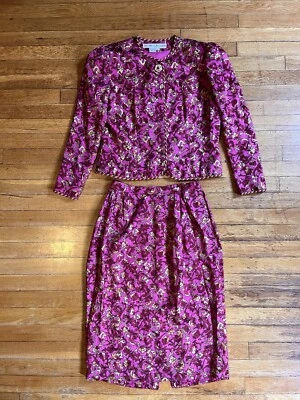 VINTAGE Anne Crimmins for Umi Collections Silk Skirt Suit 10 Pink Floral Paisley - Image 1 of 4