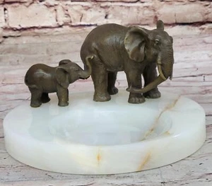 Bronze Metal Elephant Mother & Calf on Marble Soap Dish Ashtray Handmade Decor - Picture 1 of 10