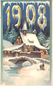 1908 Hold to Light große Zahl Kirche & Brücke Neujahrsgruß Postkarte - Bild 1 von 2