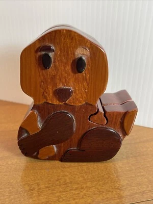Wood Puzzle Box Puppy Dog Inlaid Hawaii Hand Made Jewelry Trinket Box **Read** - Image 1 of 4