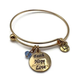 Gold Tone Faith, Hope, Love / Blue Crystal Expandable Fashion Charm Bracelet - Picture 1 of 12