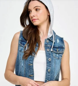 Damen blau altersblau Kapuze Baumwolle gestreckte Denimweste, Größe XL, mittelblau - Bild 1 von 2
