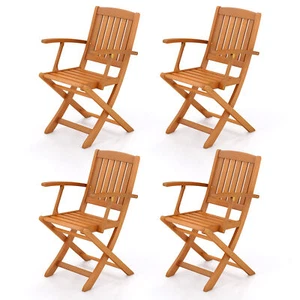 Patio Wood Folding Chair Set of 4 w/ Armrests & Slatted Seat for Backyard - Picture 1 of 10