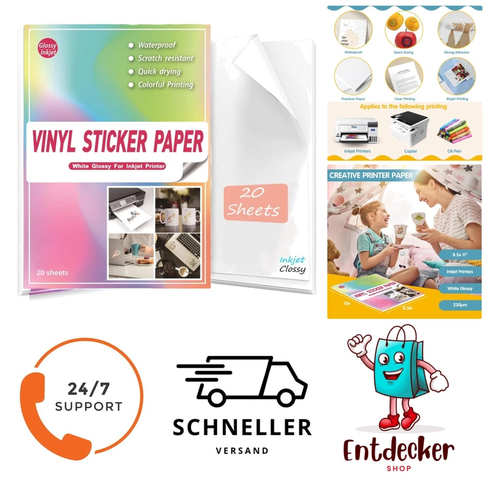 A4 Sticker Papier – Glänzend, selbstklebend, wasserfest für Inkjet & Laser 20x - Bild 1 von 1