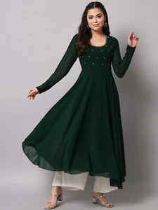 Indian Women Georgette BEAUTIFUL Green Anarkali Hand Embroidered Work New Dress - Picture 1 of 7