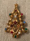 Monet Vintage Christmas Tree Pin Brooch Rhinestone Brushed Gold Signed