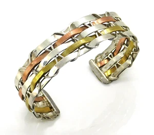 CII Mexico 925 Sterling Silver Copper & Brass Woven Cuff Bracelet - Picture 1 of 9