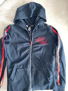 Vtg RED Marc Ecko slim M Black Hooded Sweatshirt Red Stripe Double Zipper Cute - Picture 1 of 5