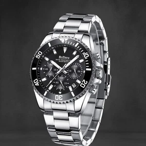 Men’s Watch Chronograph Stainless Steel Waterproof Date Analog Quartz Watch - Picture 1 of 4