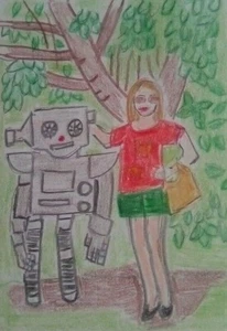 Mädchen & Roboter bei Happy Acres U-Pick, Edmonton - ACEO Kunstkarte original signiert  - Bild 1 von 3