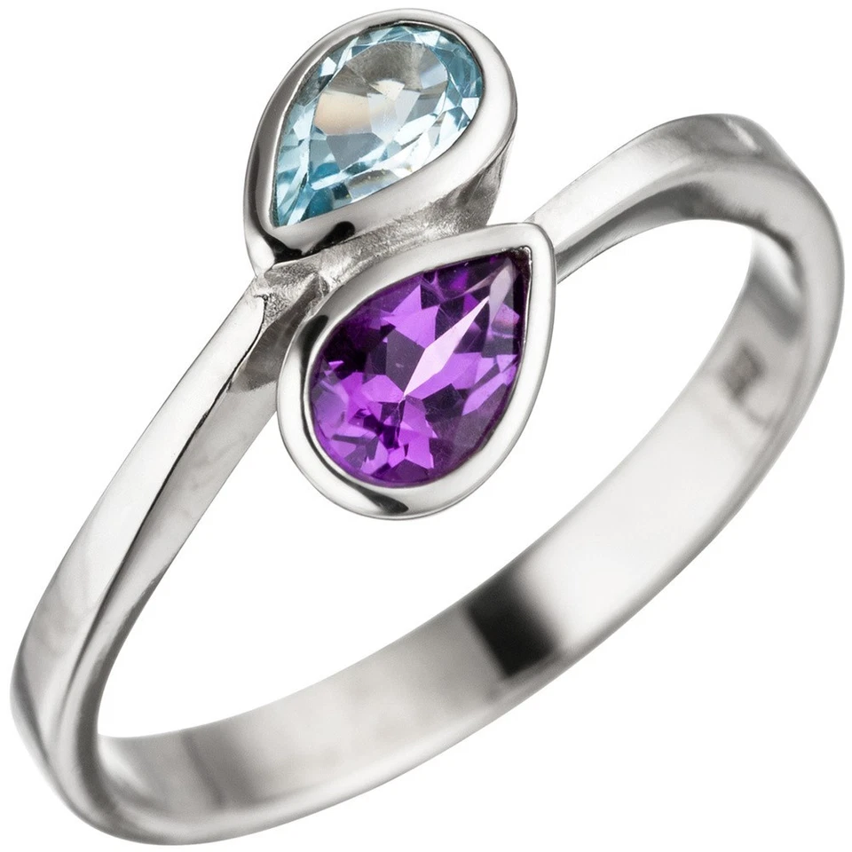 Anello Donna Con Ametista Viola Porpora & Topazio Blu Azzurro Blu 925 Argento - Immagine 1 di 1