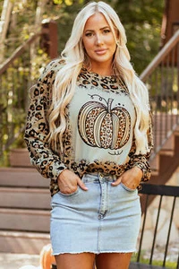 Brown Bleached Halloween Pumpkin Leopard Print Sweatshirt - Picture 1 of 8
