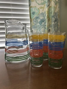 Vintage Anchor Hocking Pitcher & Glasses Fiesta Bands Primary Colors Striped - Picture 1 of 12