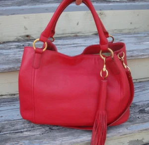 G.I.L.I. Red Leather Ex Large Tote Weekend Satchel Handbag Fringe Tassel Purse - Picture 1 of 12