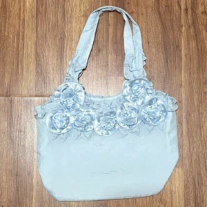 Y2K Baby Puppe blau Satin Schultertasche mit 3D Blumenmuster Boho Chic Handtasche - Bild 1 von 12
