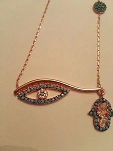 Turkish Handmade Rose 925 Sterling Silver CZ Evil Eye Hamsa Necklace  - Picture 1 of 10