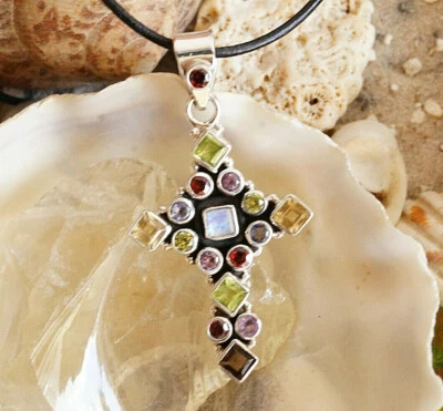 Massiv Groß Kreuz Kettenanhänger 5 cm Silber Iolith Granat Peridot Multistone - Bild 1 von 4