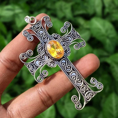 Yellow Faceted Topaz Gemstone Crisscross Pendant 925 Silver Plated Gift Jewelry - Image 1 of 4