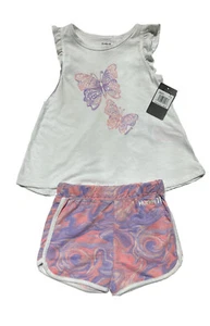 NWT HURLEY GIRLS 2-Piece Short Set White Butterfly Top w/Lavender/Peach Shorts - Picture 1 of 4