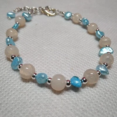 Dyed Fresh Water Pearl And Shell Bead Bracelet 6.75 Inch Adjustable Silver Tone - Image 1 of 4