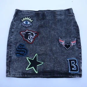 H&M size 4 Black Stoned Washed Pencil Skirt Above Knee With Sewed on Patches - Picture 1 of 4