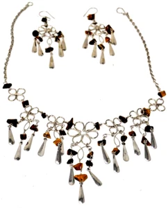Peruvian Jewelry Silver Dangling Necklace and Earrings Set Collectible Brown NEW - Picture 1 of 3