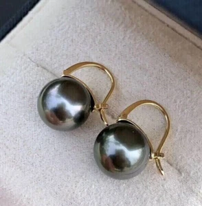 Natural Tahitian AAAA 9-10mm black green round pearl earrings set with 925silver - Picture 1 of 3