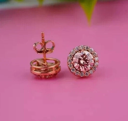 2Ct Round Cut Lab Created Pink Sapphire Halo Stud Earrings 14K Rose Gold Plated - Image 1 of 4