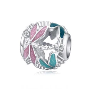 SOLID Sterling Silver Pastel Dragonfly Meadow Pink Aqua Charm YOUnique Designs - Bild 1 von 2