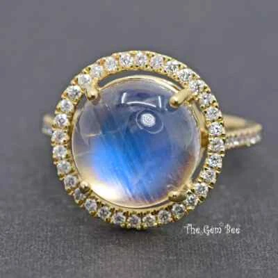 5.9CT 14k Solid Yellow Gold Blue Flash Moonstone Diamond Ring Size 7 - Image 1 of 4