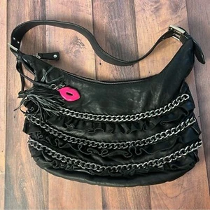 Betsey Johnson Black Moto Leather Ruffle Shoulder Bag with Chain Detail - Picture 1 of 11