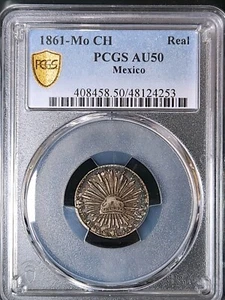 1861-MO CH MEXICO First Republic 1 REAL SILVER COIN PCGS AU50 (Pop 1/1) Toning - Picture 1 of 8