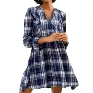 LOFT Womens Blue Plaid Ruffle Dress Tier Tie Neck Navy White Size Medium NWT - Picture 1 of 10