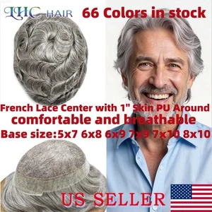 Mens Toupee French Lace&Skin PU Human Hair System Black Grey Brown Hairpiece Wig - Picture 1 of 69