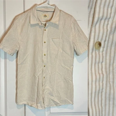 Marine Layer Tan Stripe Better Than Linen Hemp Blend Short Sleeve Button Shirt M - Image 1 of 4