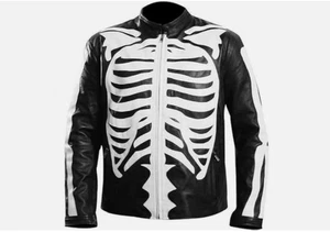 NEW Men's Leather Jacket Motorcycle Skeleton Biker Genuine Cow Leather Jacket - Picture 1 of 8