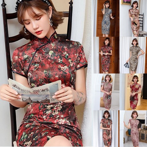 VETEMENTS Abito Cheongsam Qipao in oro rosa con ricamo floreale e bottone fatto a mano